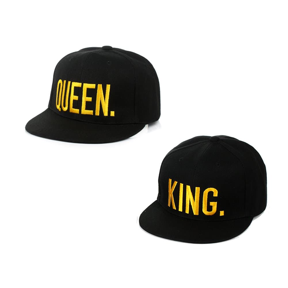 Ikooo King and Queen Hats Hip-hop Snap Back Caps 3D Embroidered Couples Caps 2 Pack Black