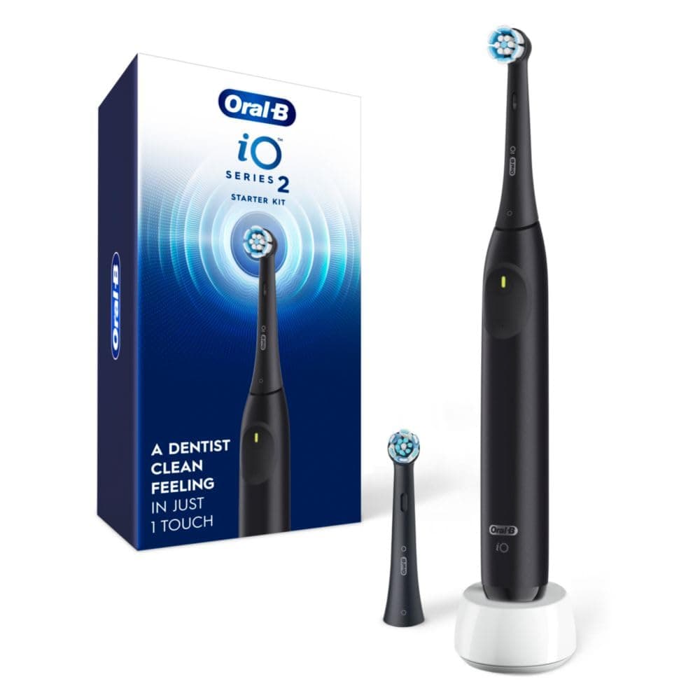 Oral-B Rechargeable Electric Toothbrush Starter Kit iO Series 2 Night Black with 2 Brush Heads, Automatic Pressure Sensor to Protect Gums 3 Modes and 2 Minute Timer