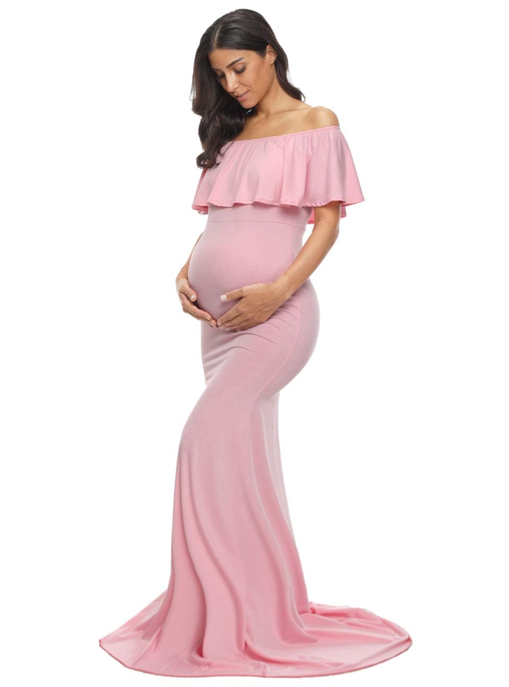 Glampunch Womens Off Shoulder Maternity Dress Ruffles Elegant Slim Gowns Fit Maxi Photography Dress