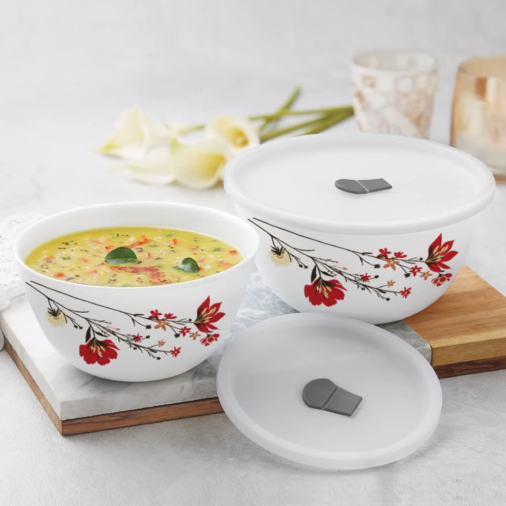 Larah by Borosil Chrys Red Set of 2 Mixing & Serving Bowls with Lids, Microwave Safe (1 L & 1.5 L)