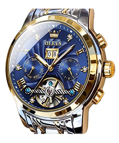 OLEVS Men's Automatic Watch Skeleton 5 Hands Mechanical Classic Luxury Multi Calendar Stainless Steel Waterproof Wrist Watch for Men Blue Business Watch, Blue, Business Watch, blue, Business Watch