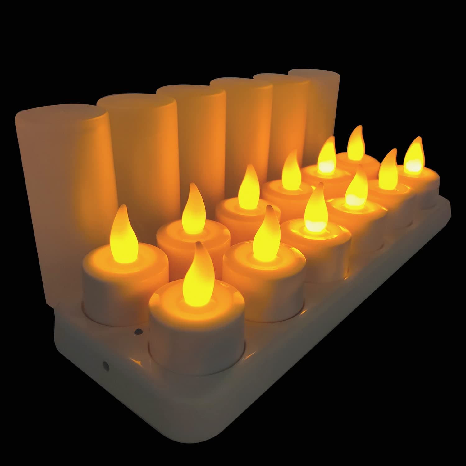 YASENN Rechargeable flameless Candles 12 Pack led Tea Lights Candles Realistic Flame Effect Program Flickering for Parties Weddings Bar Dinner Decorations