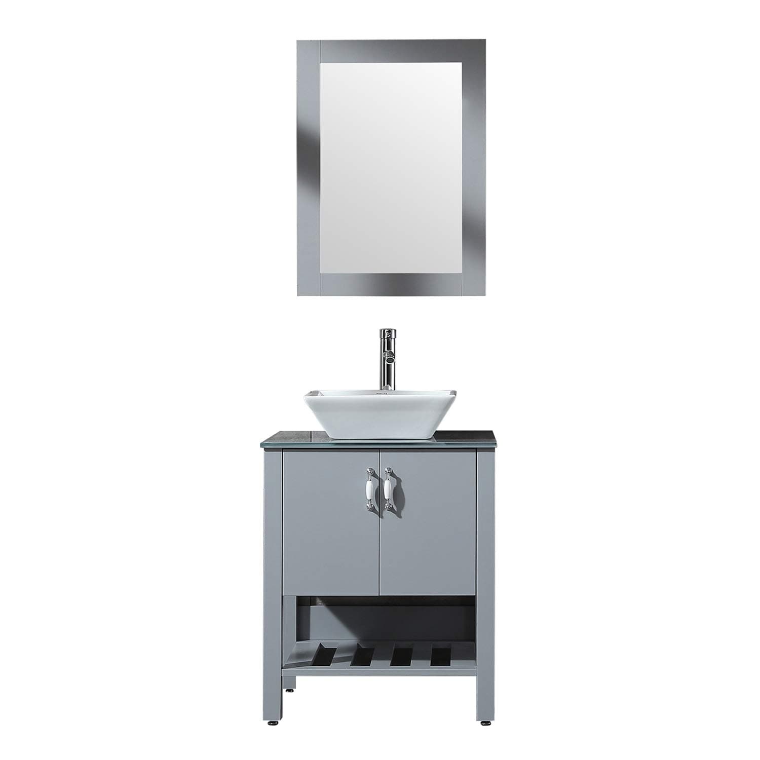 wonline 24.4” Modern Grey Bathroom Vanity Cabinet with Shelf Vessel Sink w/Mirror & Glass countertop Combo