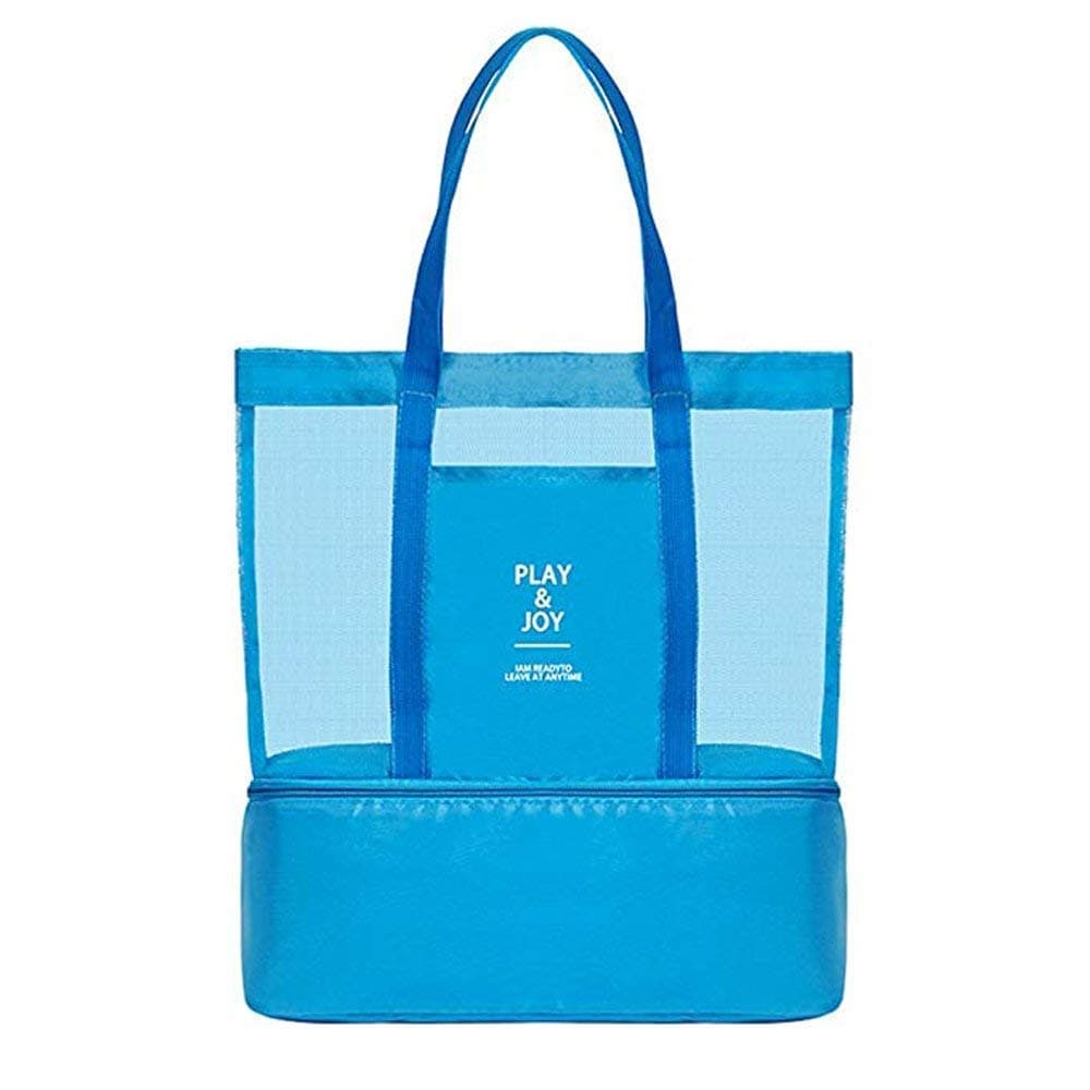 Spirit Light Large Mesh Beach Tote Bag with Insulated Picnic Cooler, Pool Bag Toys Tote Bag Travel Shoulder Bag for Kids Women Men (Blue)