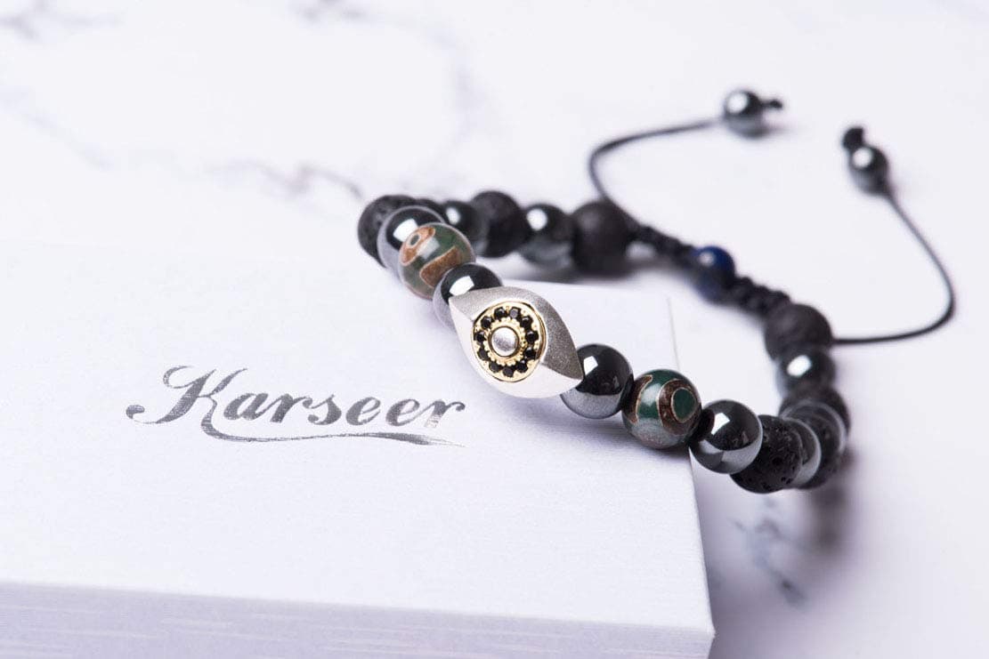 Karseer Vintage Silver and 18K Gold Plated Hamsa Evil Eye Stress Relief Reiki Healing Bracelet Non Magnetic Natural Hemae Anti Anxiety Calming Bracelet Lava Rock Oil Diffuser Aromatherapy Bracelet