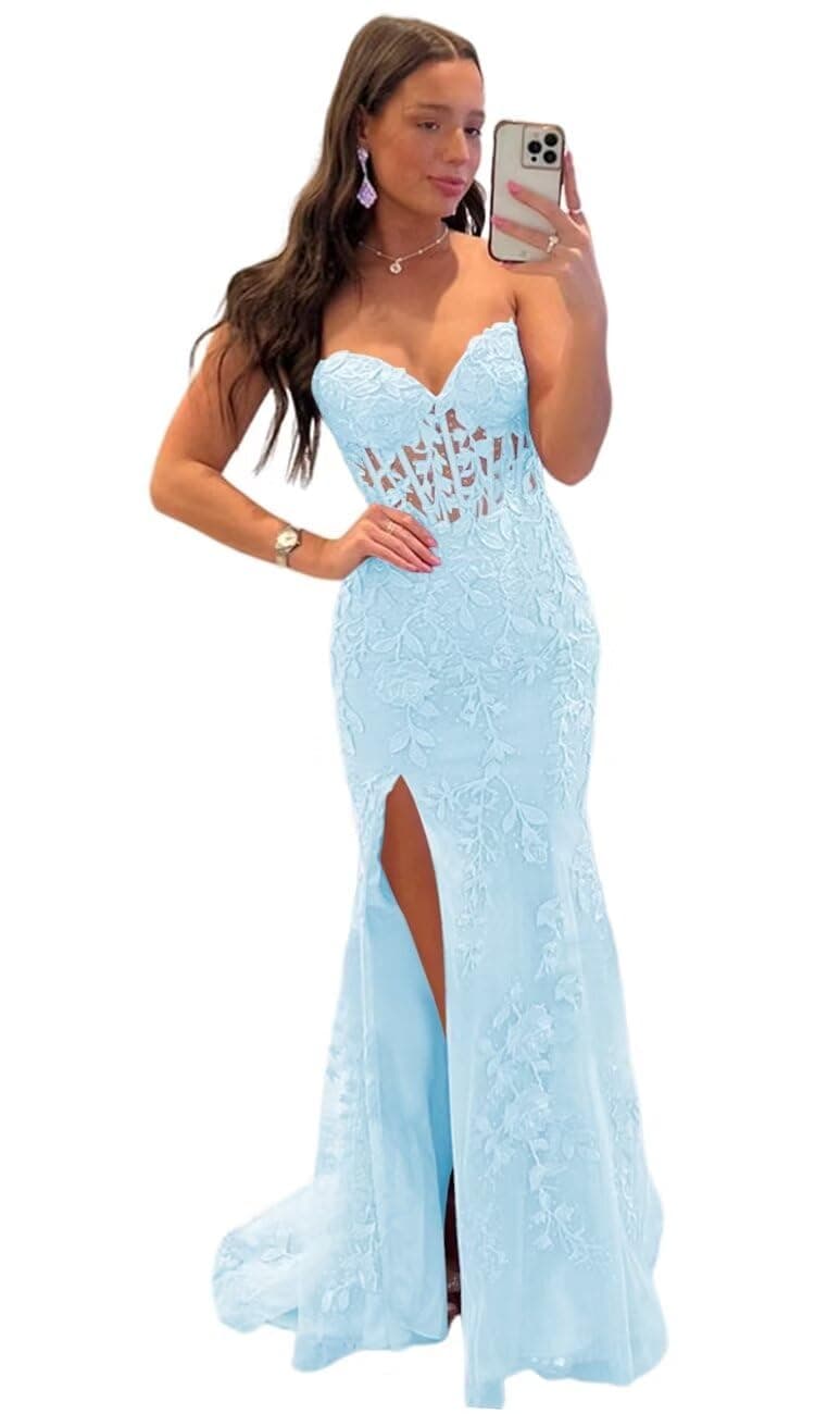 QIAGE Strapless Lace Applique Mermaid Prom Dress with Slit Sweetheart Corset Long Evening Party Gowns QA124