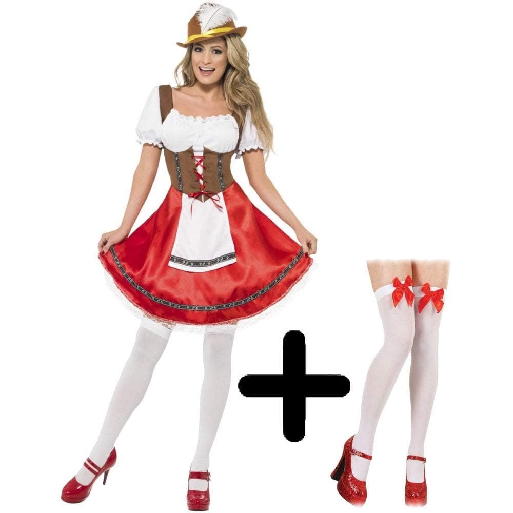 Adult Ladies Bavarian Wench COSTUME + STOCKINGS WITH BOWS Oktoberfest Fancy Dress Size: S (UK: 8-10)