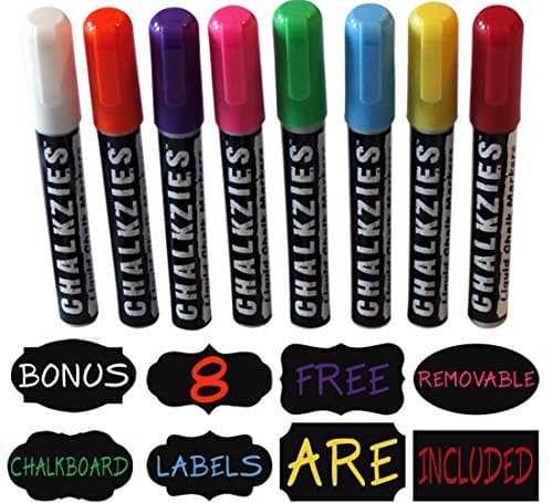 Chalkzies Liquid Chalk Markers • 8-Pack • Premium Quality • 6mm Chisel/Bullet Reversible Tip • Bonus: Includes 8 Chalkboard Labels