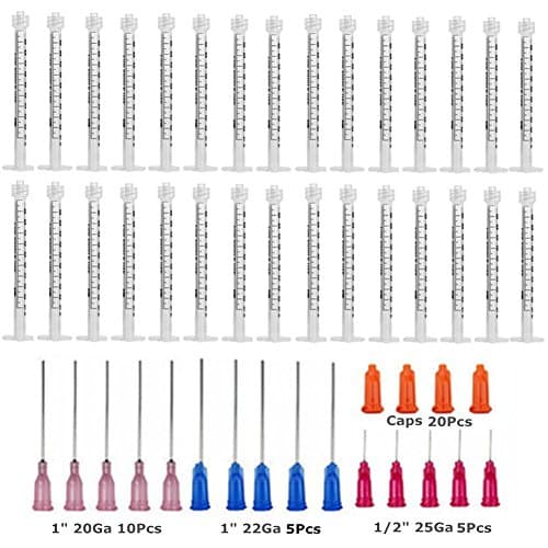 Brostown 20 Packs Luer Lock Syringes - 1ml Syringes with Blunt Tip Needles and Caps for Measurement, Dispensing Pastes Sealants, Glue Applicator, Perfume Injection, E-Liquids E-Juice