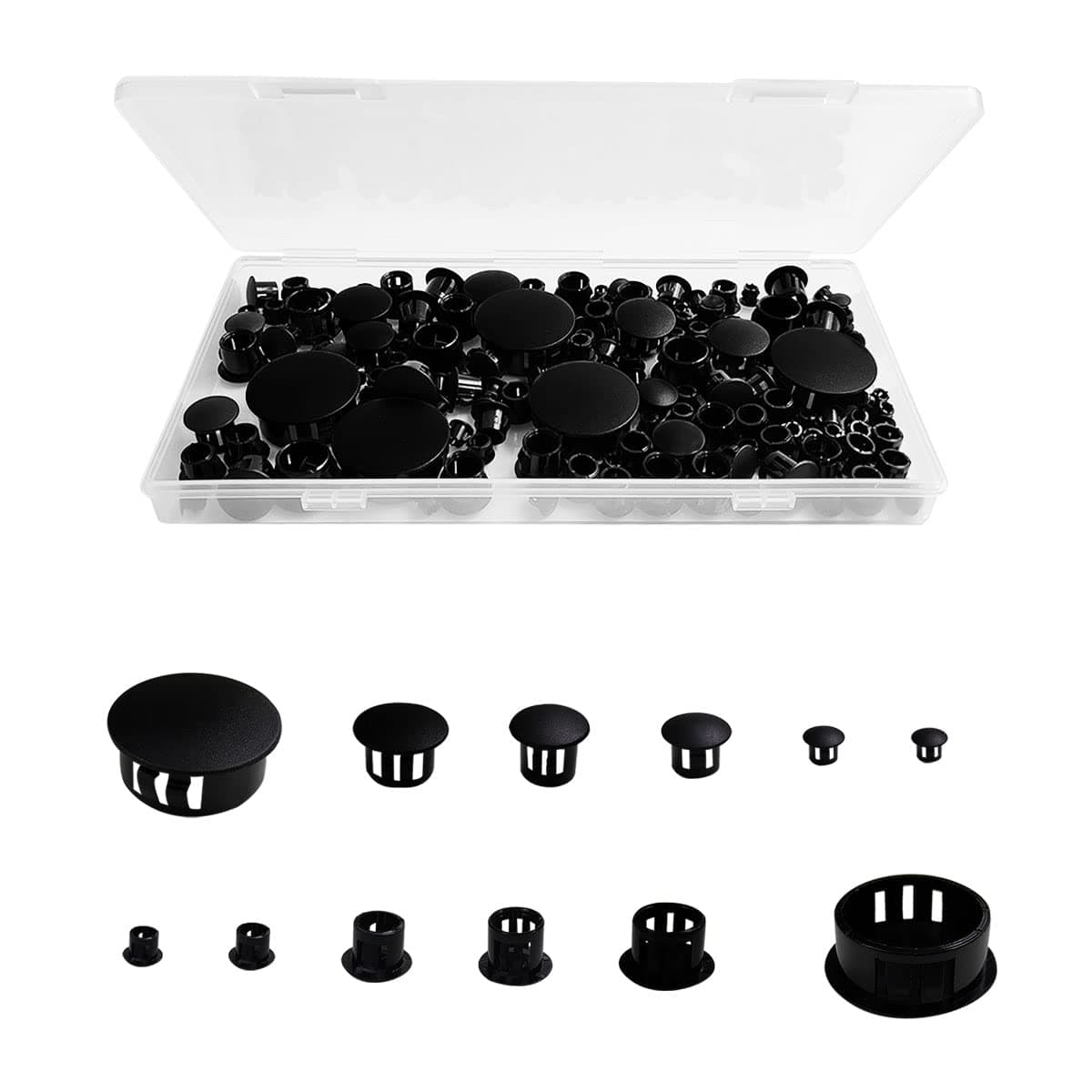 155 pcs Black Plastic Plugs, 5mm (0.19"), 6mm (1/4"), 8mm (5/16"), 10mm (3/8"), 13mm (1/2"), 25mm/(1"), 6 Sizes Plastic Hole Plugs Set