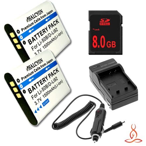 Two Halcyon 1500 mAH Lithium Ion Replacement Battery and Charger Kit + 8GB SDHC Class 10 Memory Card for Olympus Stylus Tough TG-3 Digital Camera and Olympus LI-50B
