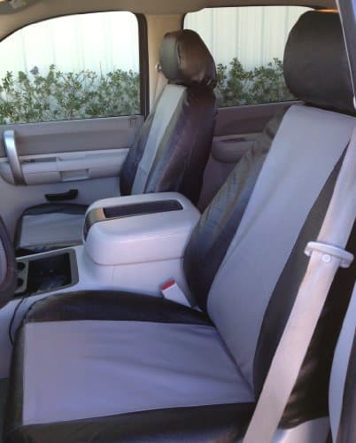 Exact Seat Covers, CH21 L1/L7, 2007-2013 Chevy Silverado and GMC Sierra Double Cab Front and Rear Seat Set Custom Exact Fit Seat Covers. Vinyl Leatherette Black with Gray Inserts