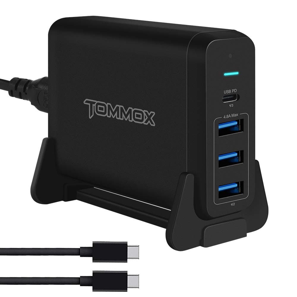 TOMMOX USB C Wall Charger with Cable, 75W 4-Port Power Delivery Desktop Charger with 60w USB C Port for USB-C Laptops, MacBook Pro/Air, iPhone 11 Plus Max/11 Plus, Note 8, Galaxy Series, and More