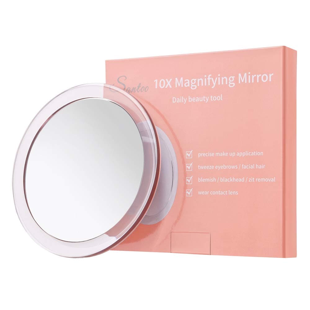 SANTOO 10X Magnifying Mirror - with 3 Mounting Suction Cups - Used for Precise Makeup - Eyebrows/Tweezing - Blackhead/Blemish Removal - Bathroom/Travel Makeup Mirror - 6 Inch Round