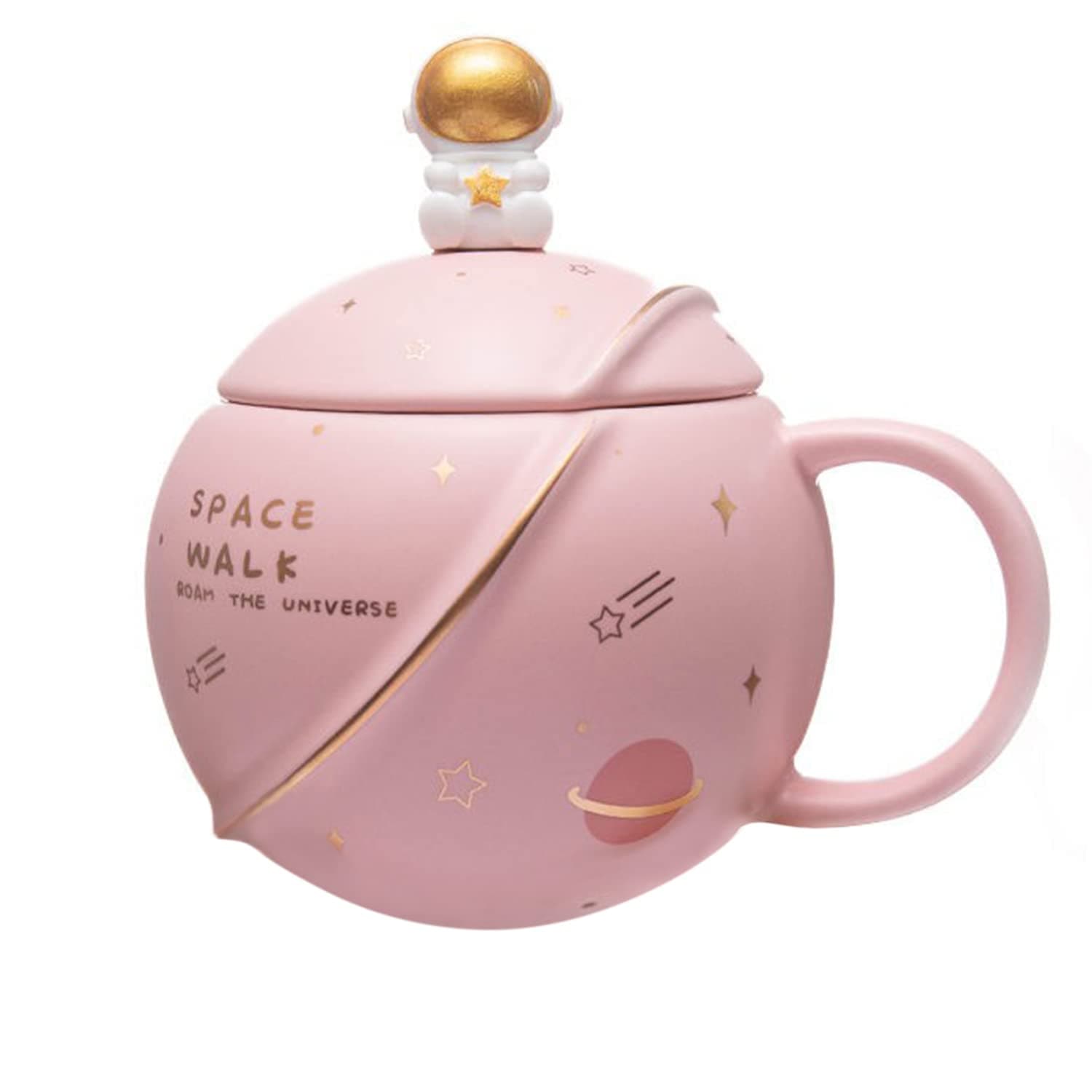 NYRWANA Coffee Mug, Gift for Man, Mugs for Present, Valentine Gift for Boyfriend, Birthday Present for Brother, Astronaut Planet Coffee Mug with 3D Creative Space, Lid & Spoon (400ml-Pink)