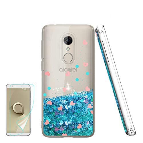 Alcatel 3 Case, Revvl 2 Case [T-Mobile] with HD Screen Protector, Atump Glitter Liquid Diamond Cute TPU Silicone Protective Phone Cover Case for Alcatel 3 Blue