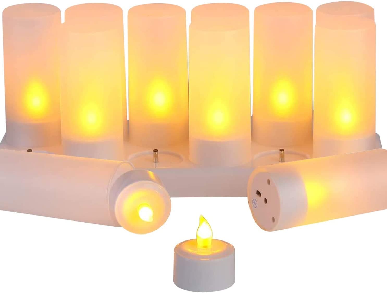 Flameless Candles with Rechargeable Base Led Candles Flickering LED Tea Lights Unscented Tealight Warm White Plastic Realistic Candle Party Decoration Upgraded Tea Candle Set of 12 NO NEED BATTERY
