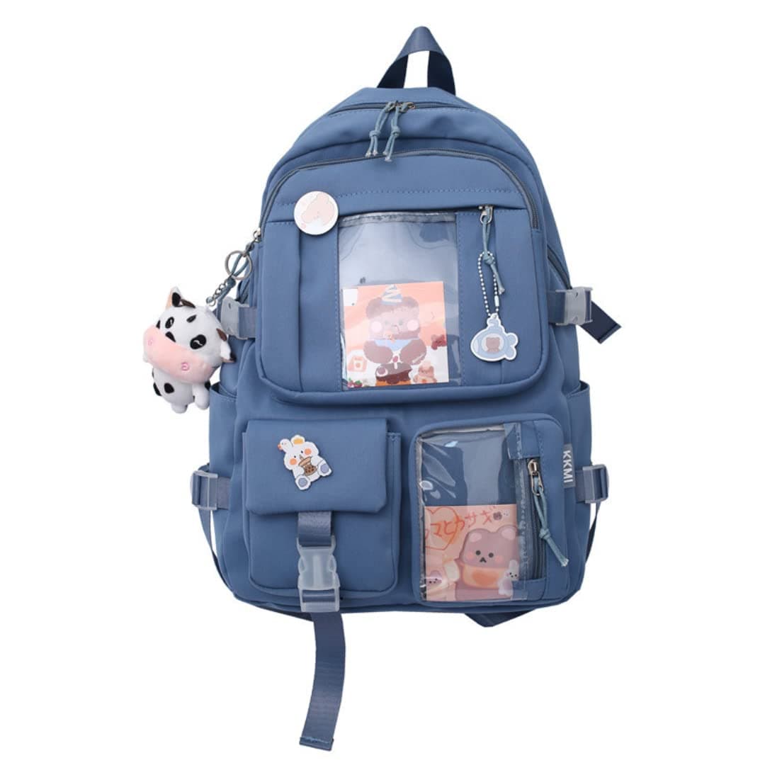 GGOOBKawaii Backpack with Pins Kawaii School Backpack Cute Aesthetic Backpack Cute Kawaii Backpack for School (Blue, With Accessories)