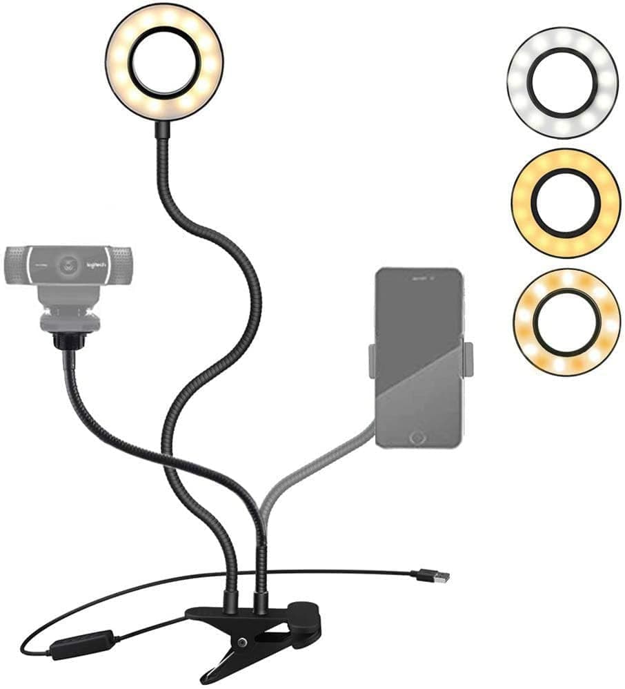 Webcam Light Stand for Live Stream/Makeup, LED Camera Selfie Ring Light [3-Mode, 10-Level] with Webcam Mount & Phone Holder for iPhone, Android, Logitech C925e, C922, C930, C920, C615, Etc.