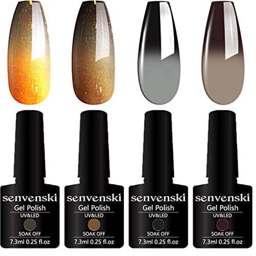 Senvenski Color Changing Gel Nail Polish White Black Gold Grey Yellow Glitter Gift Set Mood Chameleon Soak Off UV LED Thermal Temperature Art Manicure Kit Varnish (WB018)