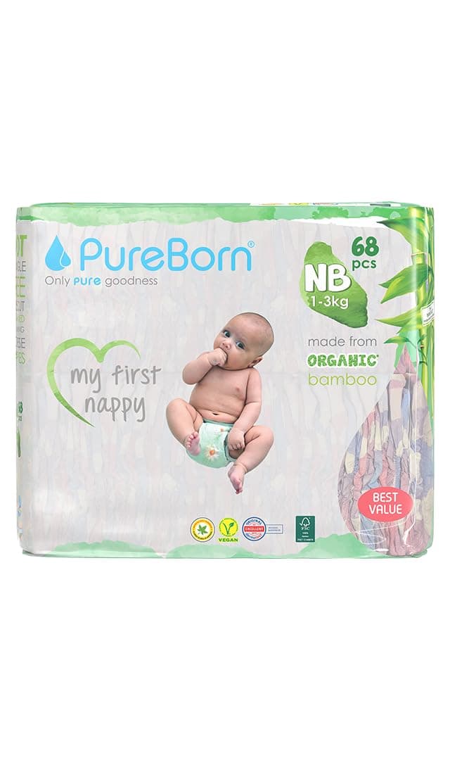 Eco Organic Bamboo Nappies, Size Newborn (up to 5 kg), 68 Nappies, Hypoallergenic, Ultra Soft, Dermatologically Tested, Wetness Indicator