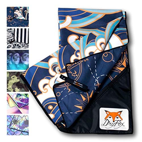DryFoxCo Quick Dry Reversible Microfiber Beach & Travel Towel with Exclusive Water-Resistant Pocket for Valuables- Compact, Lightweight, Absorbent, Soft, XL 60"x30" - Outdoors, Backpacking, Sports