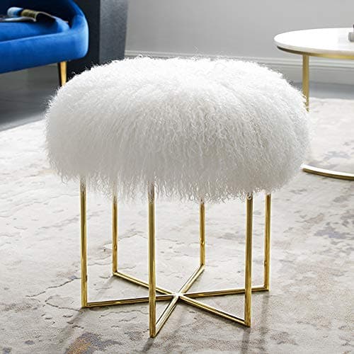 Bailey White Real Sheepskin Mongolian Fur Ottoman with Gold Finish Stainless Steel Frame