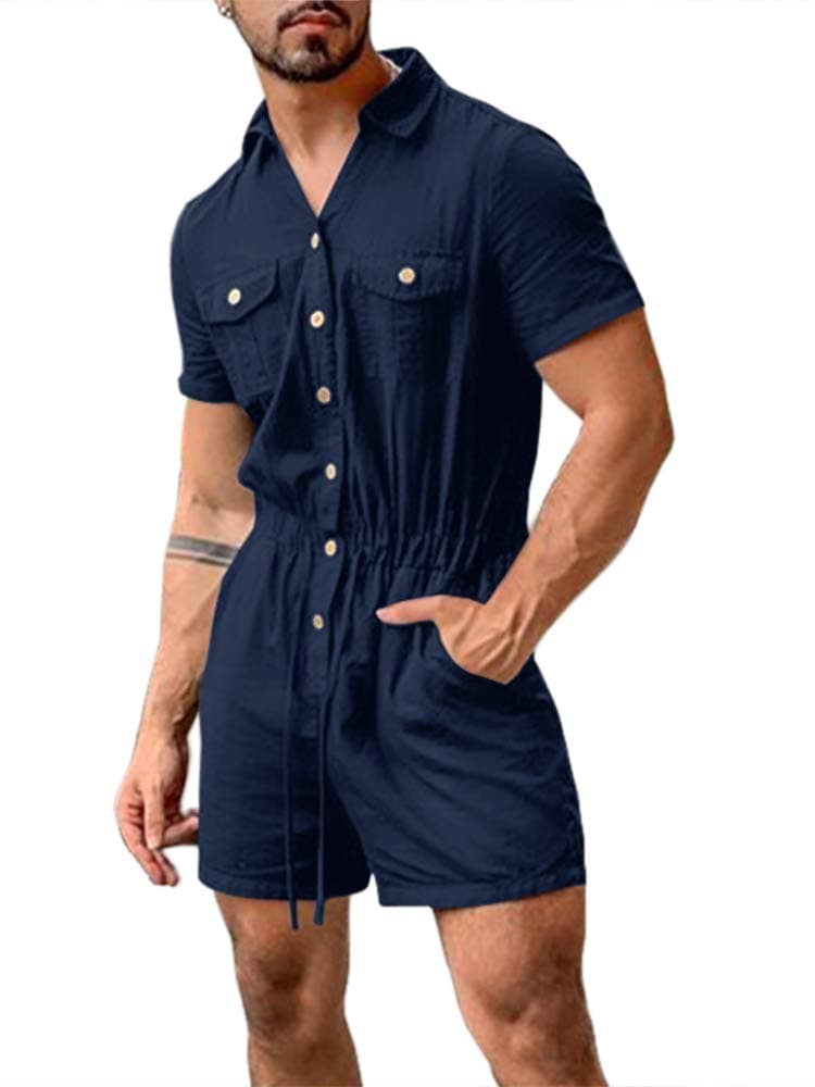 Mens Rompers Jumpsuits Cotton Button Down Short Sleeve One Piece Drawstring Shorts Coverall Tracksuits with Pockets
