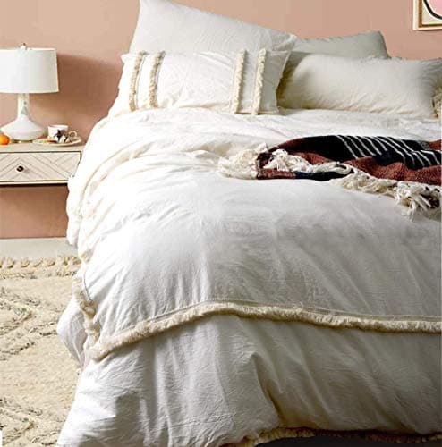 Frayed Edge Duvet Cover Queen Boho Geometric Cotton Biege Bedding Cover,96"x104" (King)