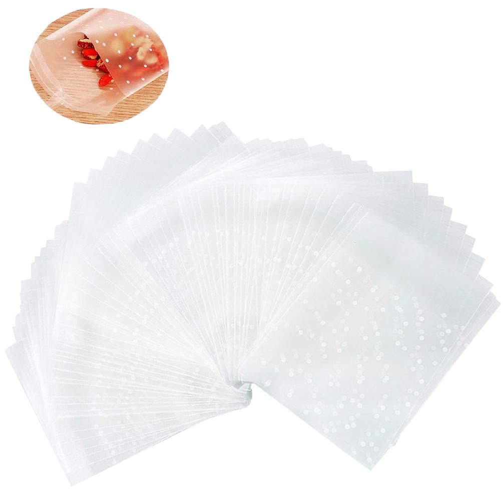 KEYYOOMY Self Adhesive Plastic Cookie Bags White Polka Dot Cookie Packaging Bags 200 Pcs Small Cello Bags for Party Candy Wrapping (4 X 4 inches)