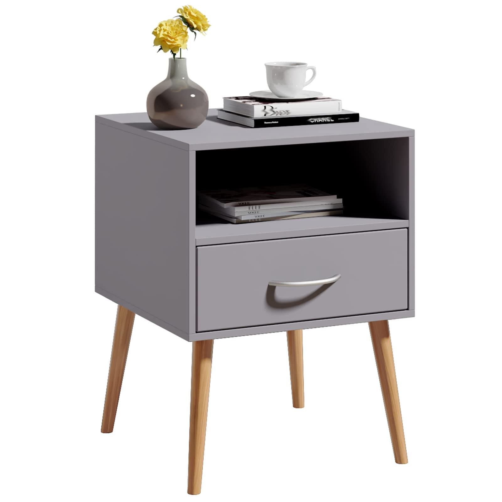 Wood Bedside Table Cabinet Storage Nightstands 1 Drawer with Metal Handle, 42 x 40 x 56 cm, Grey