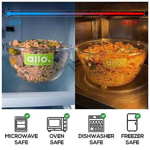 Allo Food Safe Borosilicate Glass Mixing & Serving Bowls for Kitchen, Oven & Microwave Safe Bowls, Dishwasher and Freezer Safe Bowls, Set of 2 1000ML, 1600ML, Transparent