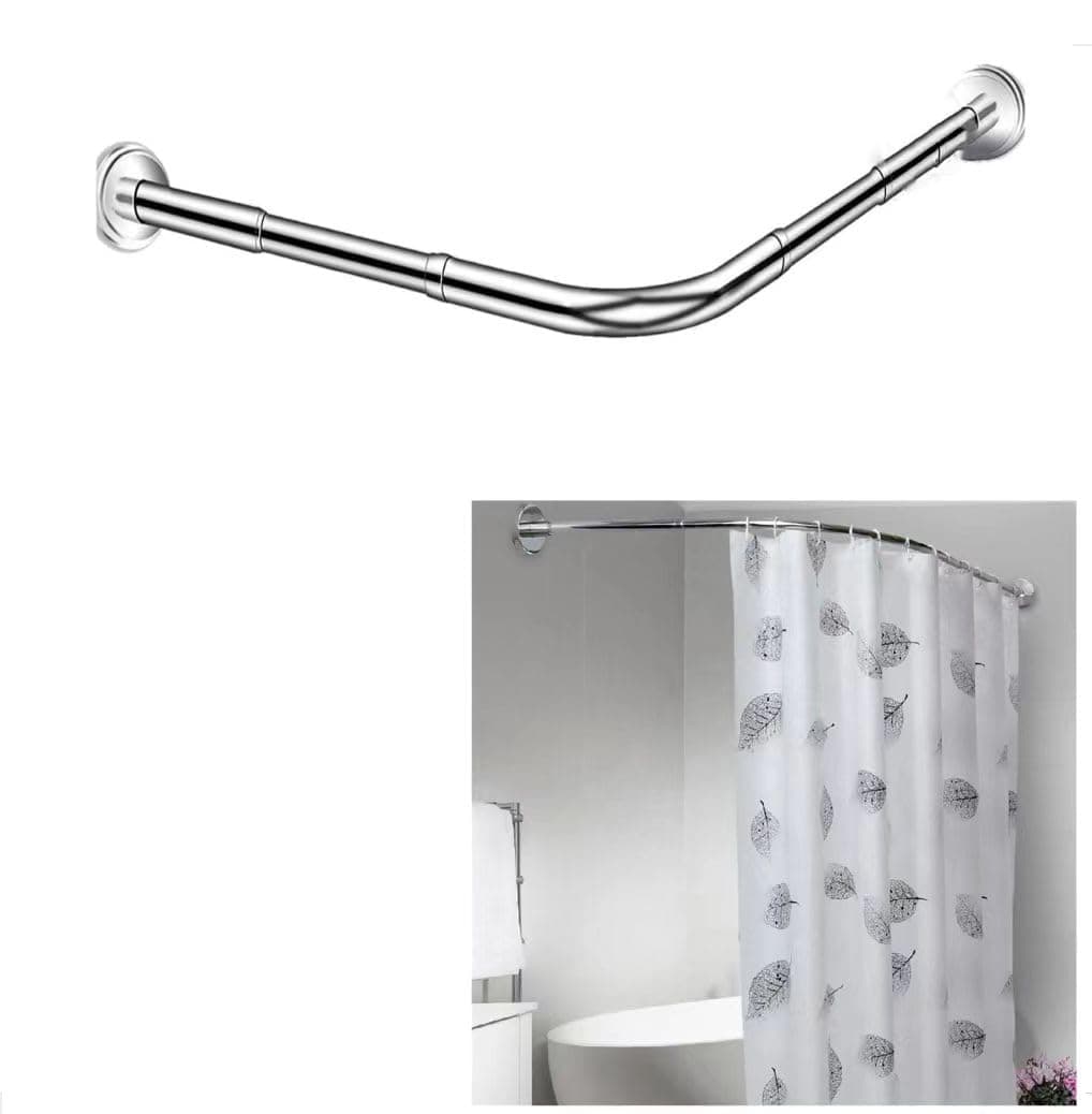 Shower Curtain Rod L Shape(110-140cm &110-140cm) Never Rust Non-Slip Spring Tension Curtain Rod No Drilling Stretchable Stainless Steel Curtain Rod Use Bathroom Kitchen(L style (43-55in))