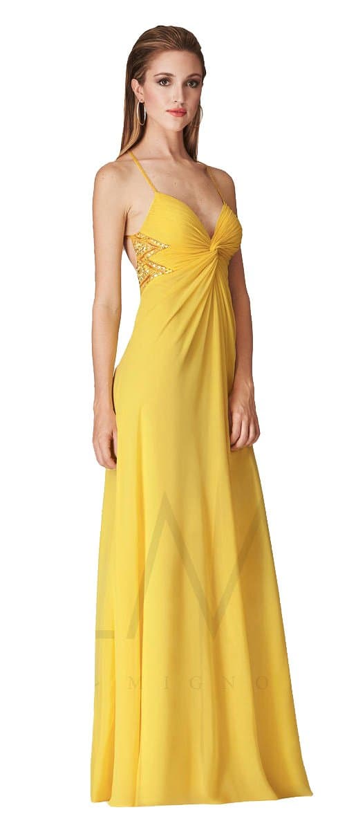 LM Collection HY1011 Long Chiffon Prom Dress, Yellow, 0