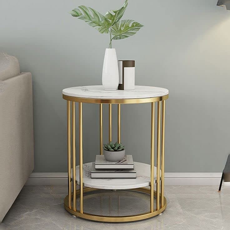 Round Coffee and Side Accent End Table for Living Room with Metal & Engineered Wood Tabletop and Metal Frame Gold Powder Coated (Golden-White)
