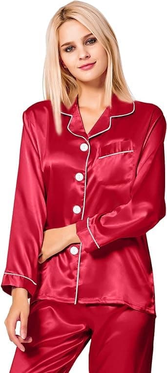 GenericSatin Sleep-wear, Soft and Comfortable Pajamas, Long Sleeves Button and Long Pants, Night-wear, Pyjamas Set for Women, Pyjama Party, Bridal Wedding, Pajama Theme Party, Two-piece PJ