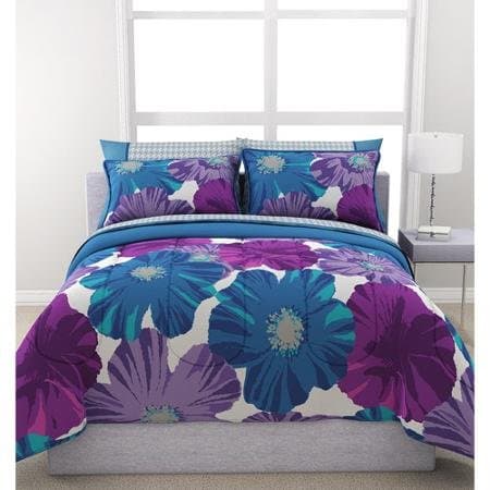 Twin Size Teen Girl Bedding Sheet Set Bed in a Bag Reversible Purple Blue White Formula Giant Floral+ Bundle Handmade Head Massage for Relaxing