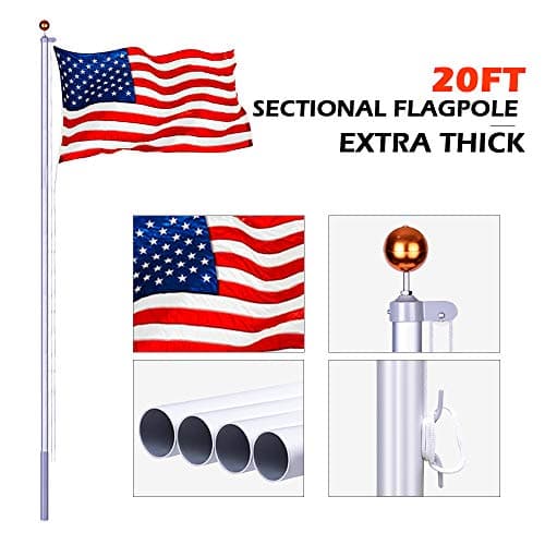 GOGODUCKS 20FT Upgraded Sectional Flagpole Extra Thick Aluminum Kit Garden Halyard with 3'X 5' US Flag for Outdoor Residential Commercial Outdoors Décor,Gold Ball and Silver Rope PVC Sleeve as Free