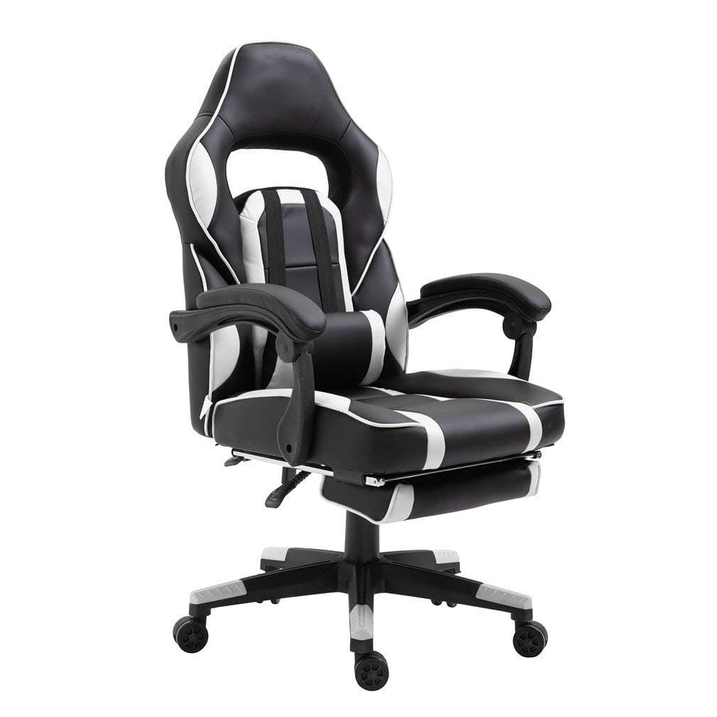 Homgrace Office Desk Chairs Gaming Chair Swivel Recliner Racing Chair with Footrest High Back with Adjustable Head Pillow & Lumbar Cushion Support (White & Black)