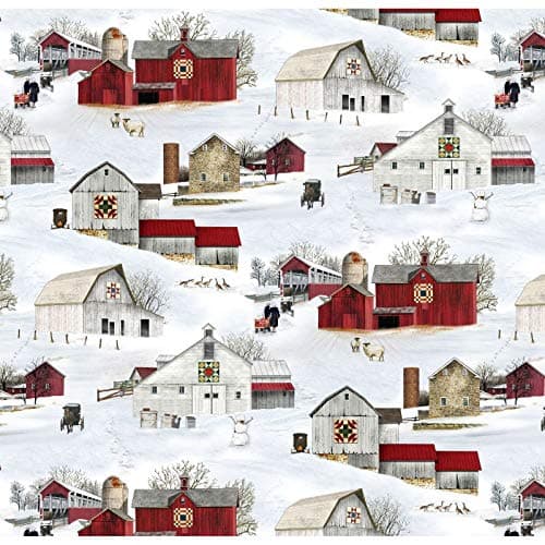 Headin Home Barn Quilts & Covered Bridges Snow Scenic from Elizabeth's Studio 100% Cotton Quilt Fabric by The Yard 4708 Snow