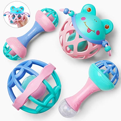 Gizmovine 4pcs Baby Rattles Newborn Toys Set, Soft Shaker Grab and Spin Rattle Musical Toy Set, Early Educational Toys for 3 6 9 12 Month Newborn Baby, Infant, Toddler, Made Without BPA
