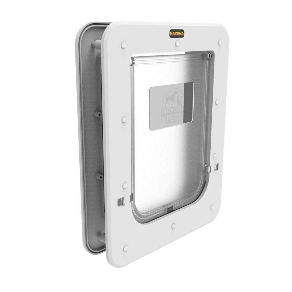 Super Tough Pet, Cat and Dog Door with 2-Way Locking Panel for Screens, Doors, Walls and Glass up to 2.17" Thick, Small, White