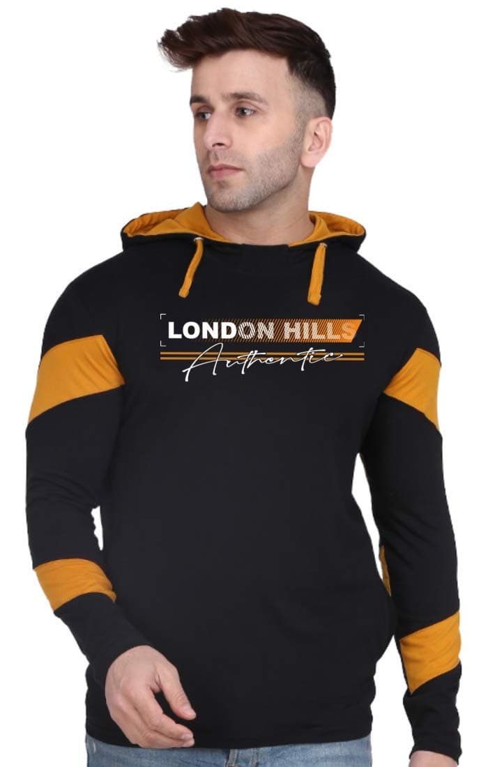London HillsMen's Regular Fit Printed Full Sleeve Cotton Blend Hooded T-Shirt