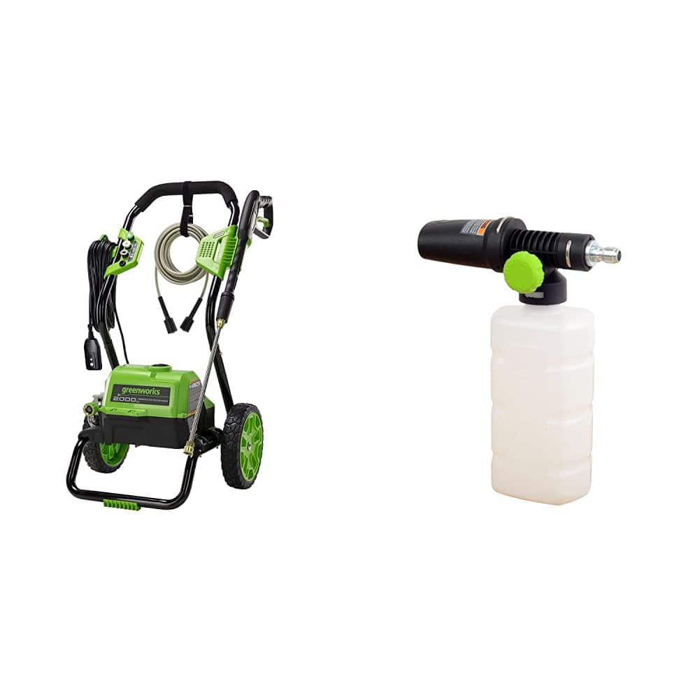 Greenworks2000 Max PSI @ 1.1 GPM (13 Amp) Electric Pressure Washer GPW2000-1RB + Greenworks High Pressure Soap Applicator 51362