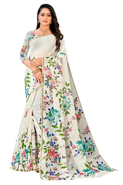 Women’s Pure Linen Cotton Banarasi Soft Silk Sarees With Blouse Piece For Wedding (Jeneliya) (White)