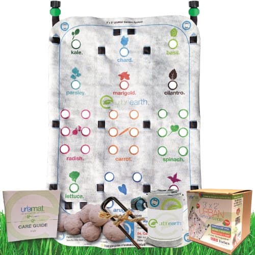TWO UrbMats in this Package! x2 Urbnmat Urbmat Garden Mats with built-in drip line irrigation -3 ft x 2 ft -12 plant varieties, 30 Seedballs, six plant staples. Pre-Cut holes and Non-GMO seedballs take the hassle out of planting. Made in USA