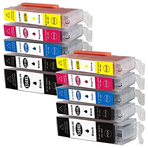 10 CC Series printer ink cartridges for Canon PGI550XL CLI551XL, with a chip and a level indicator for Canon Pixma iP7200, iP7250, MG5400, MG5500, MG5550, MG5600, MG5650, MG5655, compatible with PGI550BK, CLI551BK, CLI551C, CLI551M, CLI551Y.