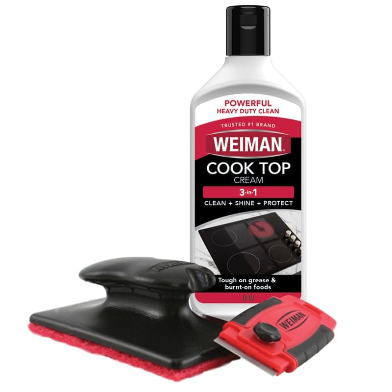Glass & Ceramic Cooktop, Stove Top & Oven Cleaner Kit – Kitchen Cleaner Cream, 3 Scrubbing Pads & Scraper for Burnt-On Food & Grease, Clean Shine - Safe for Induction, Electric & Gas Cooktops