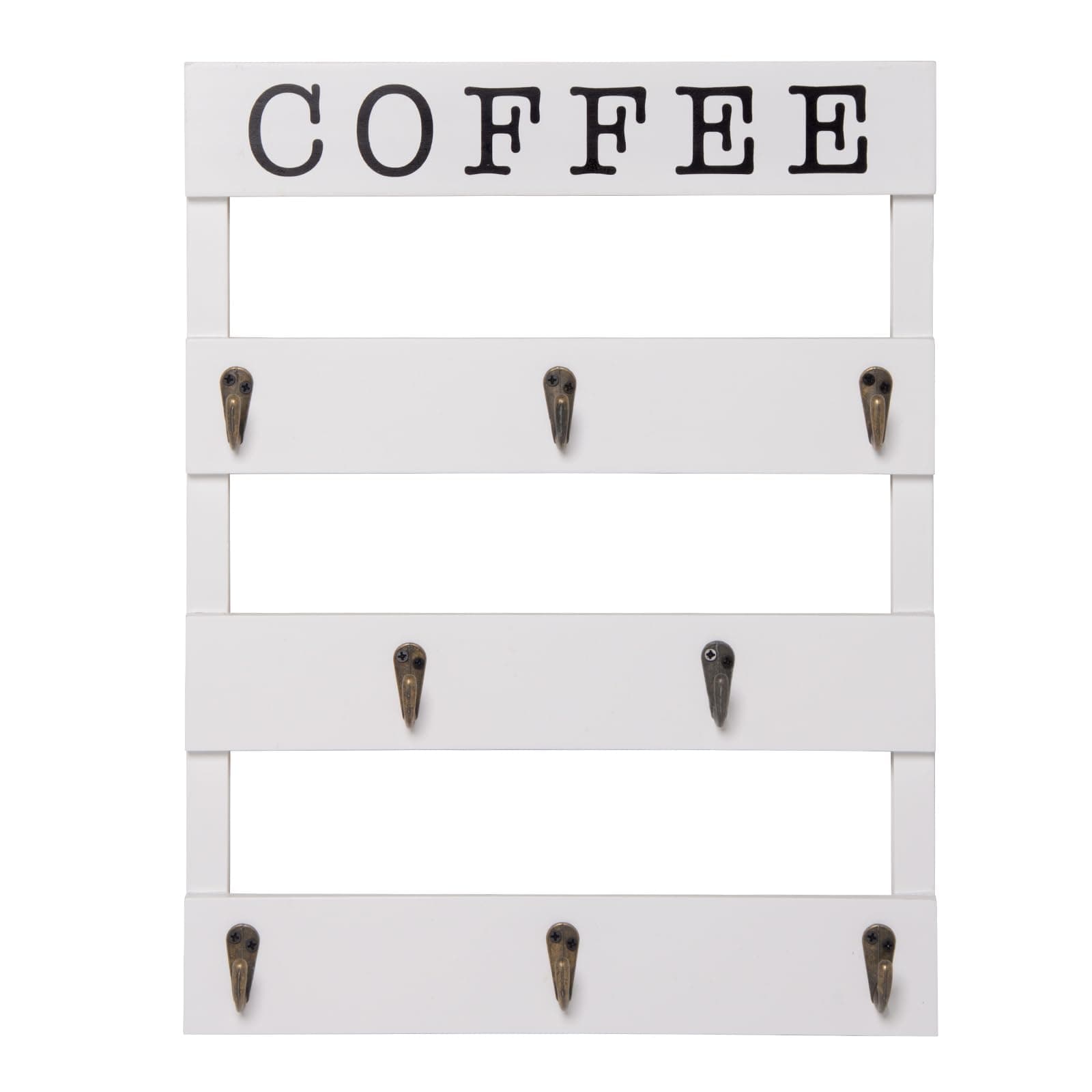 Coffee Mug Holder 17 x 13 inches Rustic Wall Mounted Cup Organizer, Wood Hanging Rack, 8 Hooks Kitchen Storage for Home, White