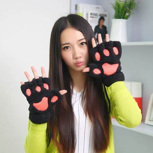 Duoduo888 Fluffy Bear/Cat Plush Paw/Claw Glove-Novelty lady's half covered gloves Black